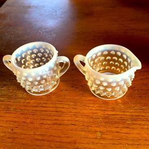 Vintage Fenton moonstone pattern opalescent hobnail cream & sugar set